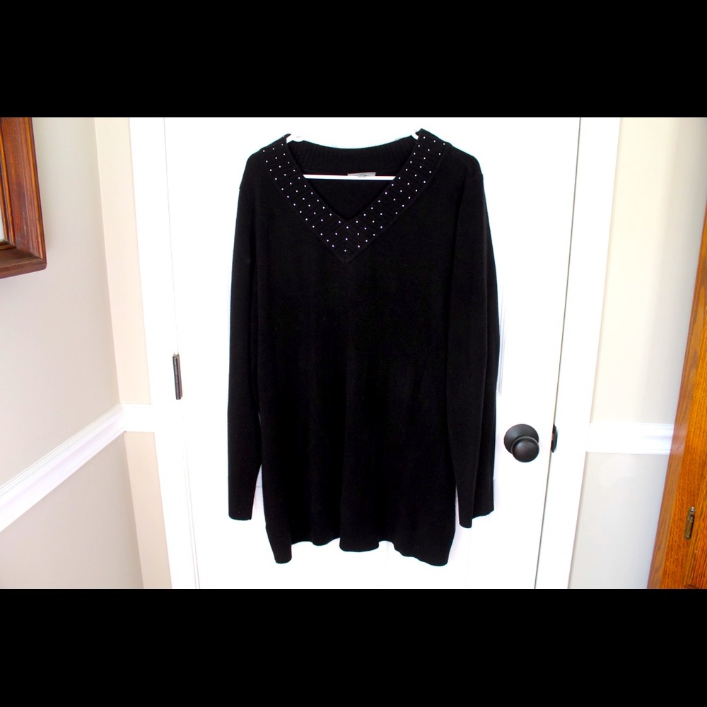3x black sweater with sparkles at v-neckline